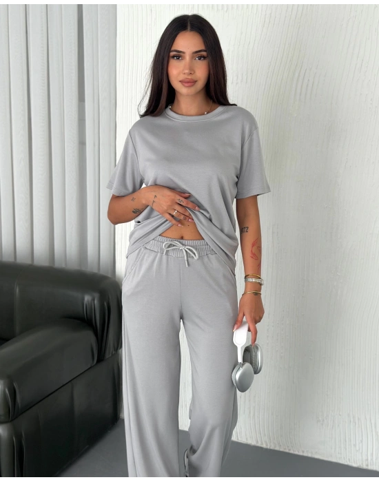 Gri Kadın Modal Bisiklet Yaka Alt Üst Takım