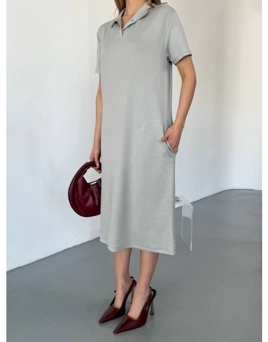 Gri Polo Yaka Modal Kadın Elbise