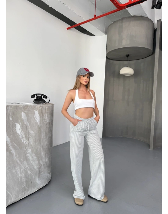 Gri Su Yolu Çizgili Kumaş Pantolon