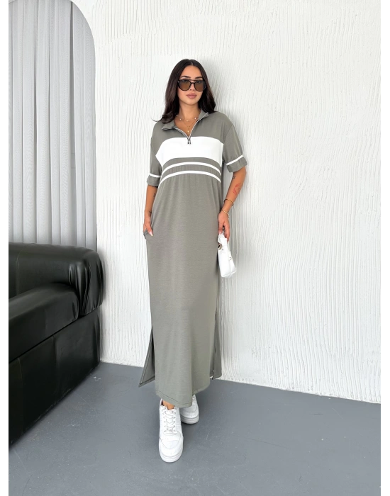 Haki Garnili Fermuarlı Modal Elbise