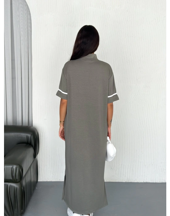 Haki Garnili Fermuarlı Modal Elbise