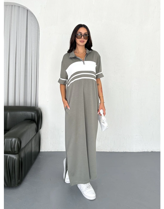 Haki Garnili Fermuarlı Modal Elbise