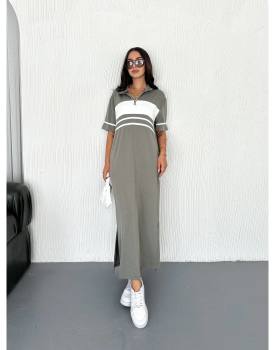 Haki Garnili Fermuarlı Modal Elbise