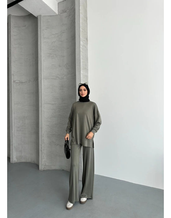 Haki Modal Çımalı Kadın Uzun Alt Üst Takım