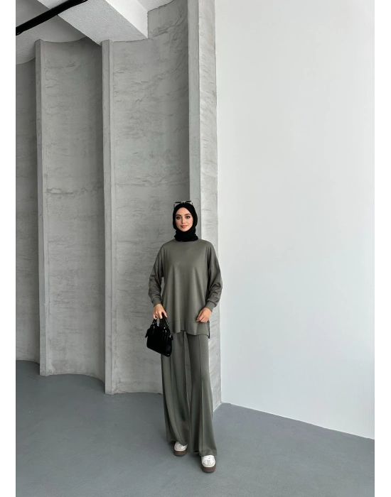 Haki Modal Çımalı Kadın Uzun Alt Üst Takım
