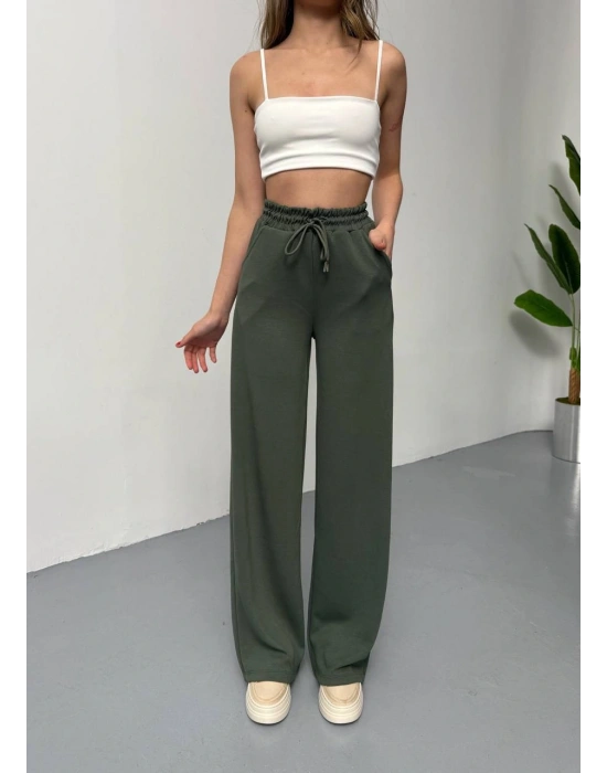 Haki Modal Kumaş Bol Paça Pantolon