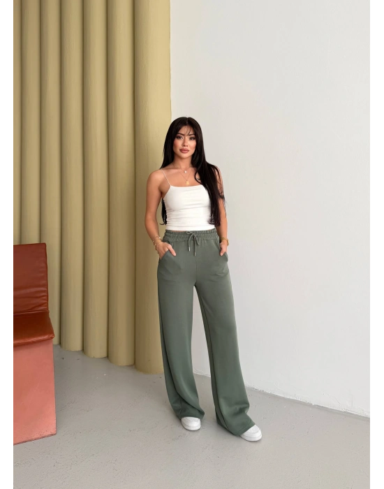 Haki Modal Kumaş Bol Paça Pantolon