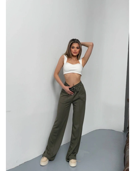 Haki Modal Kumaş Çımalı Palazzo Pantolon