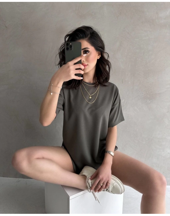 Haki Modal Oval Kesim Kısa Kollu Tişört