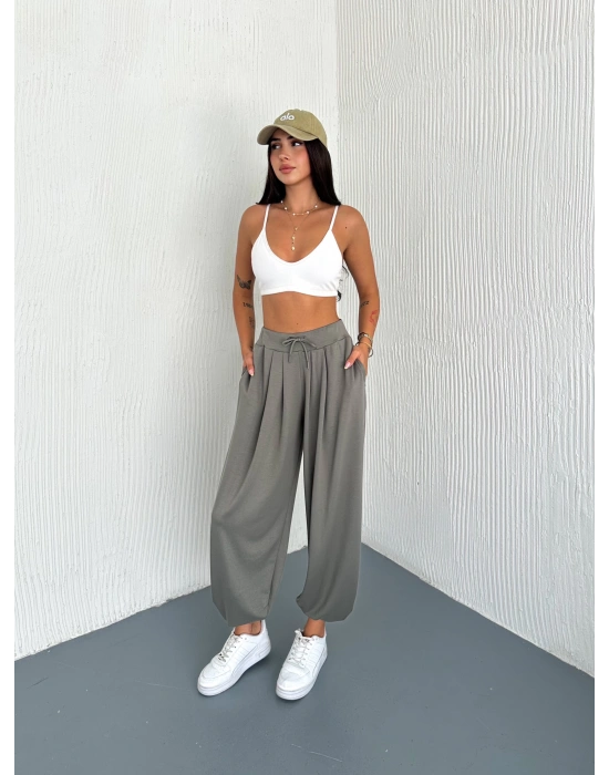 Haki Modal Pileli Şalvar