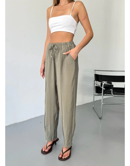 Haki Tensel Havuç Model Çımalı Kadın Pantolon