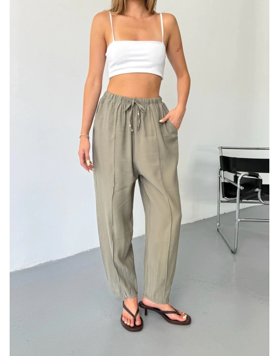 Haki Tensel Havuç Model Çımalı Kadın Pantolon