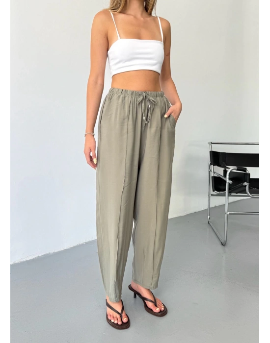 Haki Tensel Havuç Model Çımalı Kadın Pantolon