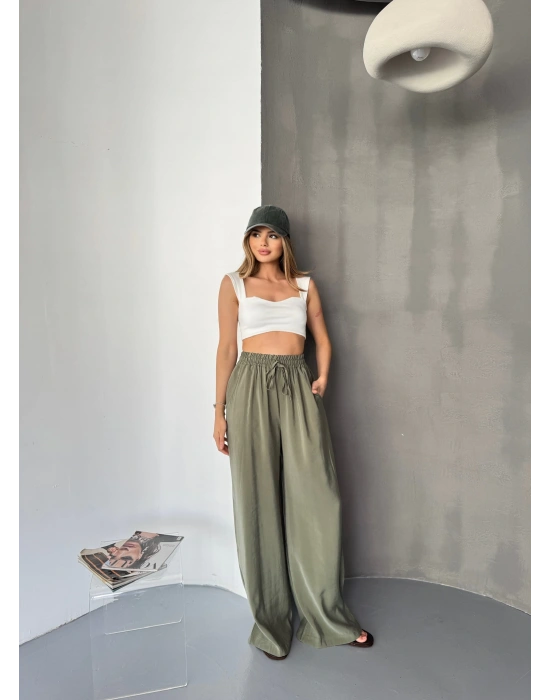 Haki Tensel Kumaş Palazzo Kadın Pantolon