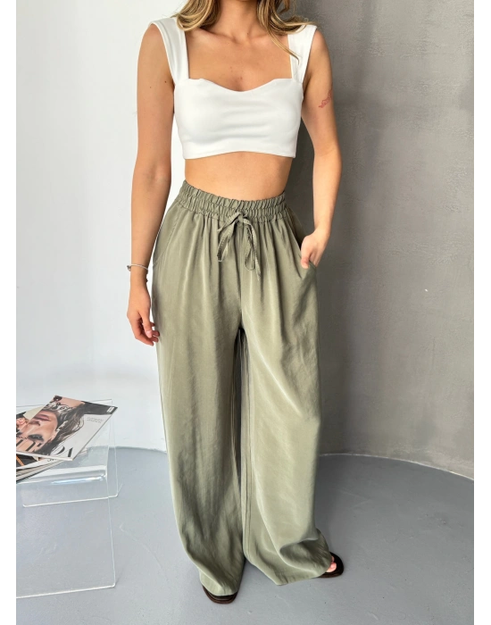 Haki Tensel Kumaş Palazzo Kadın Pantolon