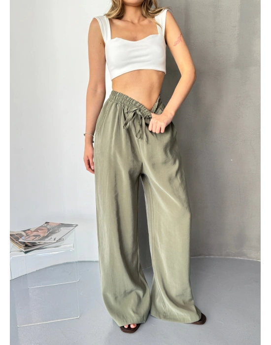 Haki Tensel Kumaş Palazzo Kadın Pantolon