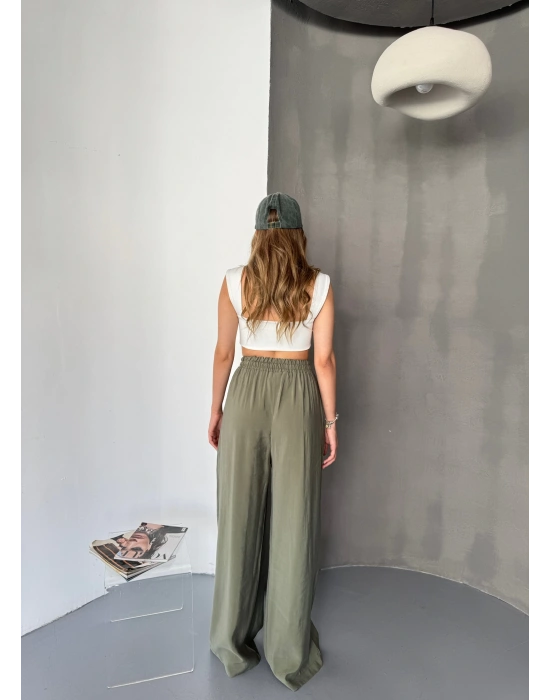 Haki Tensel Kumaş Palazzo Kadın Pantolon