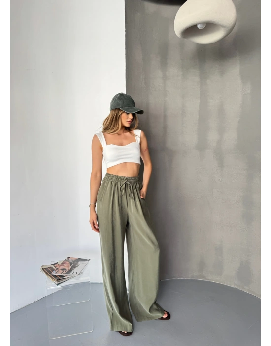 Haki Tensel Kumaş Palazzo Kadın Pantolon