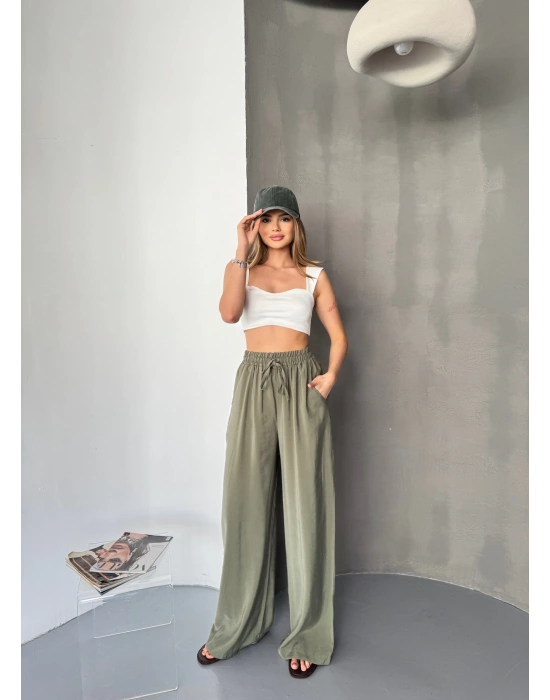 Haki Tensel Kumaş Palazzo Kadın Pantolon