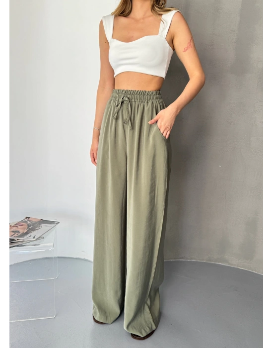 Haki Tensel Kumaş Palazzo Kadın Pantolon