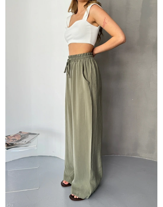Haki Tensel Kumaş Palazzo Kadın Pantolon