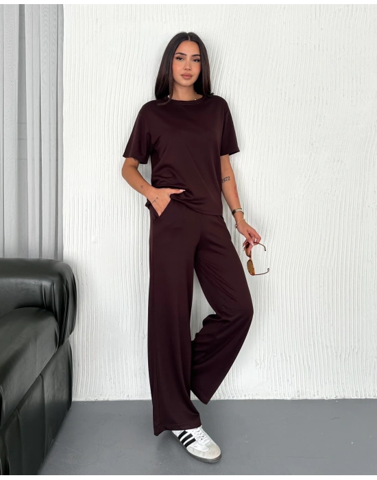 Kahve Kadın Modal Bisiklet Yaka Alt Üst Takım