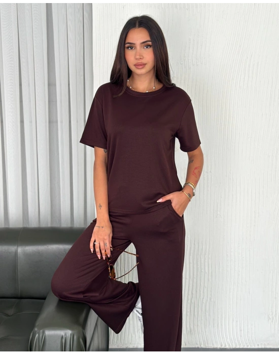 Kahve Kadın Modal Bisiklet Yaka Alt Üst Takım