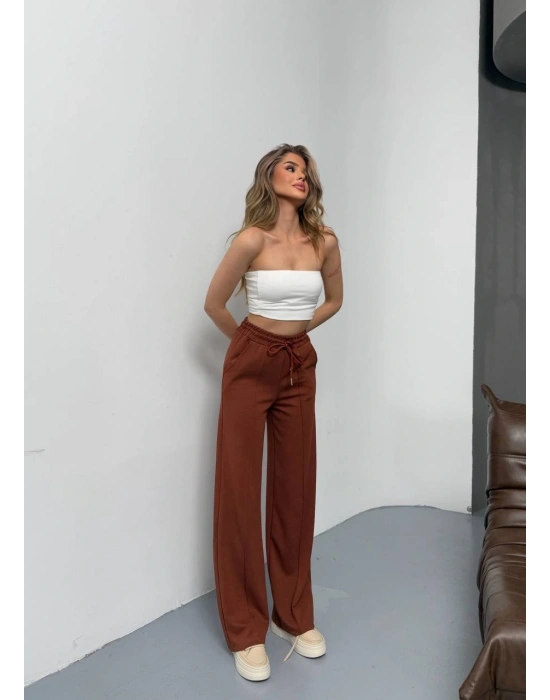 Kahve Modal Kumaş Çımalı Palazzo Pantolon