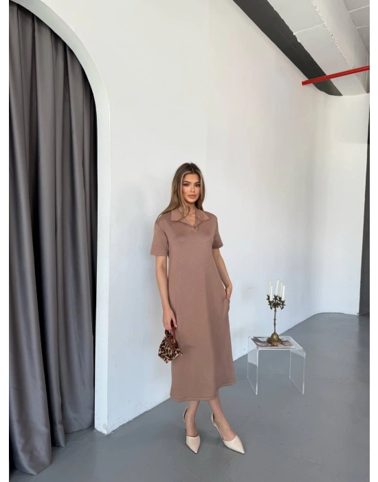 Kahve Polo Yaka Modal Kadın Elbise
