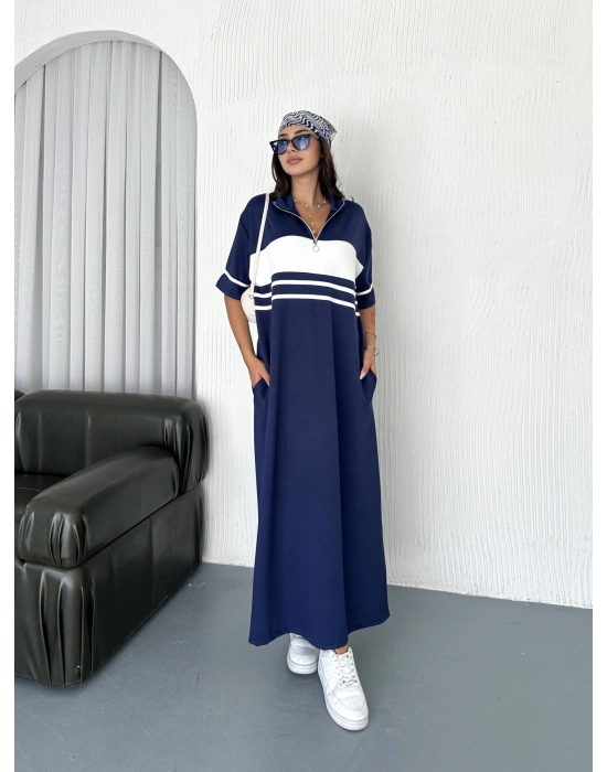 Lacivert Garnili Fermuarlı Modal Elbise