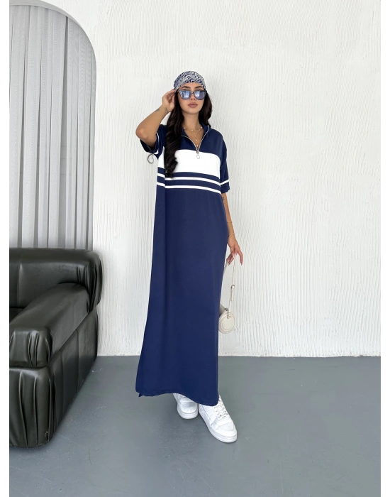 Lacivert Garnili Fermuarlı Modal Elbise