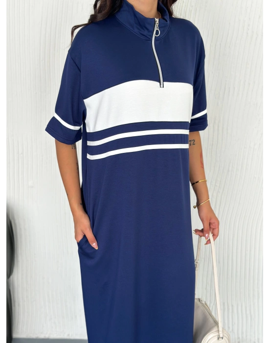 Lacivert Garnili Fermuarlı Modal Elbise