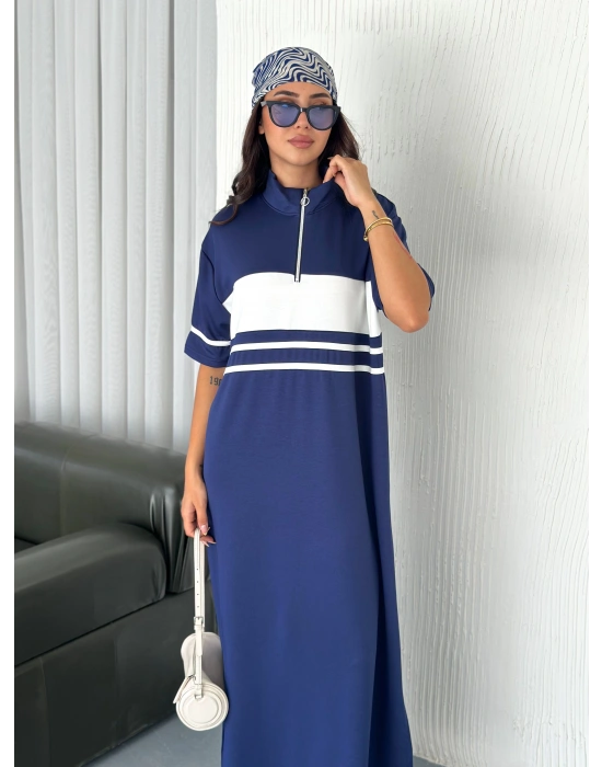 Lacivert Garnili Fermuarlı Modal Elbise