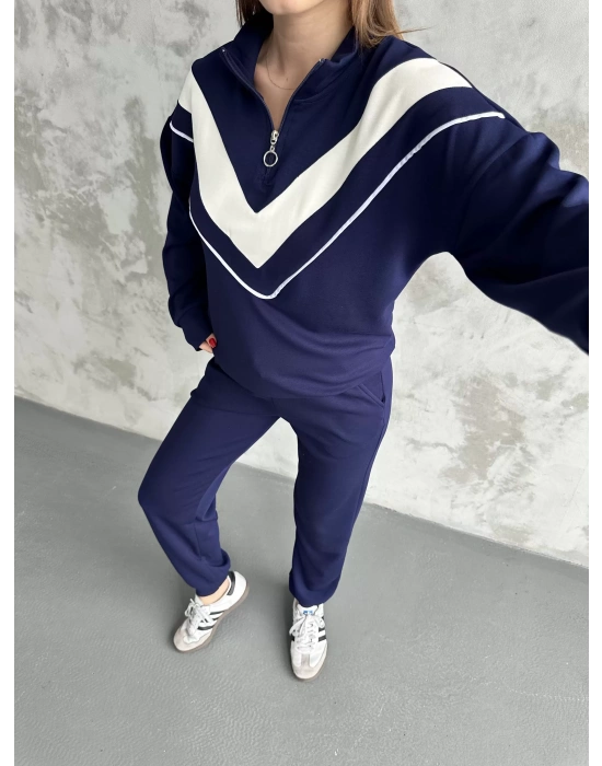 Lacivert Garnili Modal Yarım Fermuarlı Takım