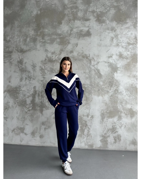 Lacivert Garnili Modal Yarım Fermuarlı Takım