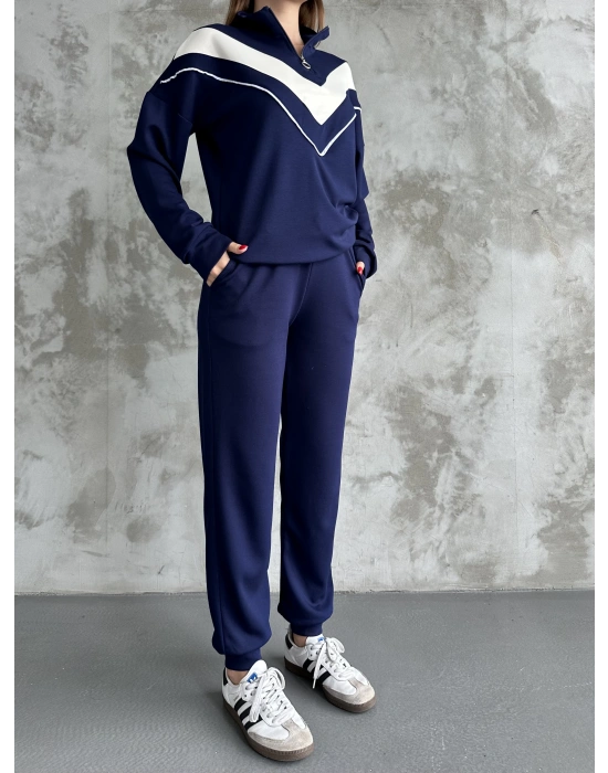 Lacivert Garnili Modal Yarım Fermuarlı Takım