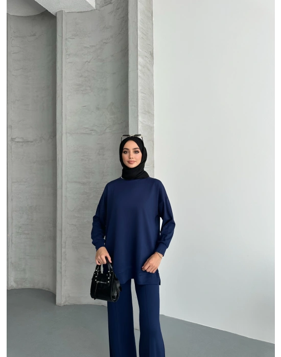 Lacivert Modal Çımalı Kadın Uzun Alt Üst Takım