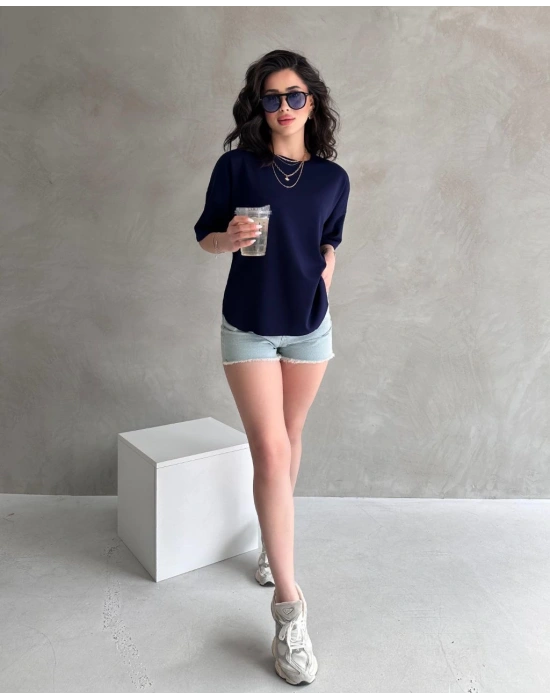 Lacivert Modal Oval Kesim Kısa Kollu Tişört