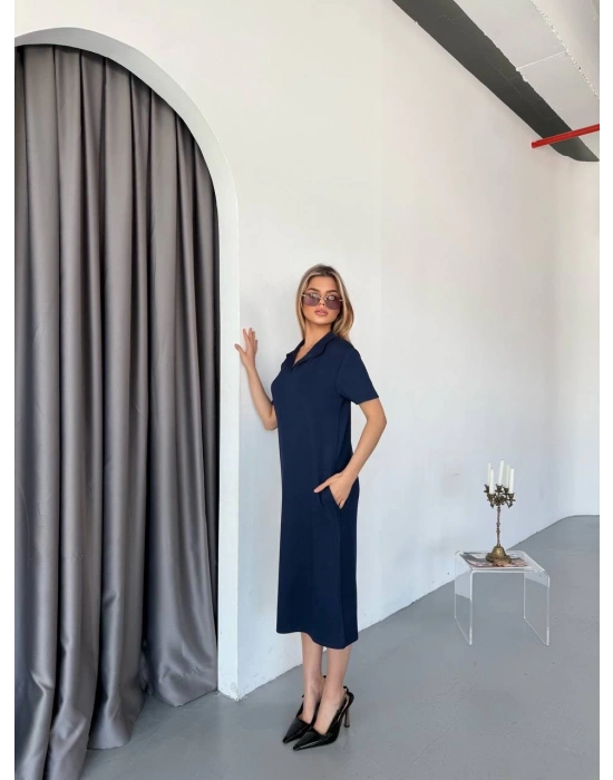 Lacivert Polo Yaka Modal Kadın Elbise