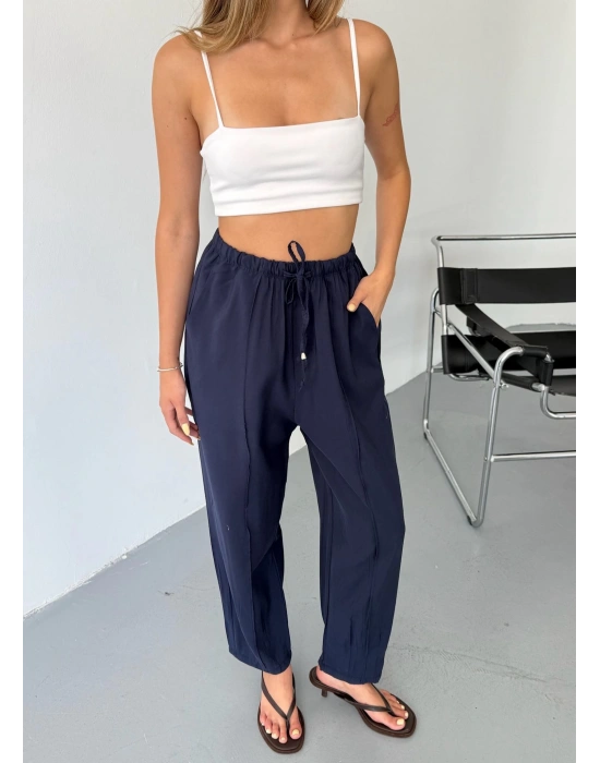 Lacivert Tensel Havuç Model Çımalı Kadın Pantolon