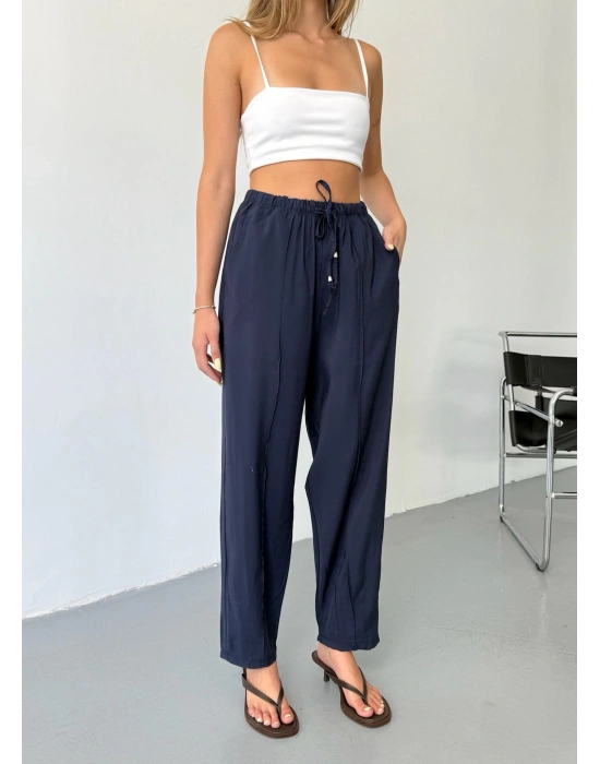 Lacivert Tensel Havuç Model Çımalı Kadın Pantolon