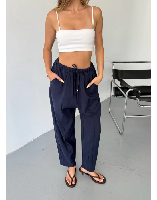 Lacivert Tensel Havuç Model Çımalı Kadın Pantolon