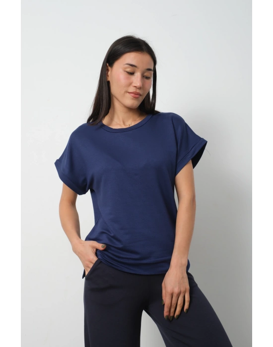 Lacivert Yarasa Kol Yırtmaç Detaylı Oys Model Tişört