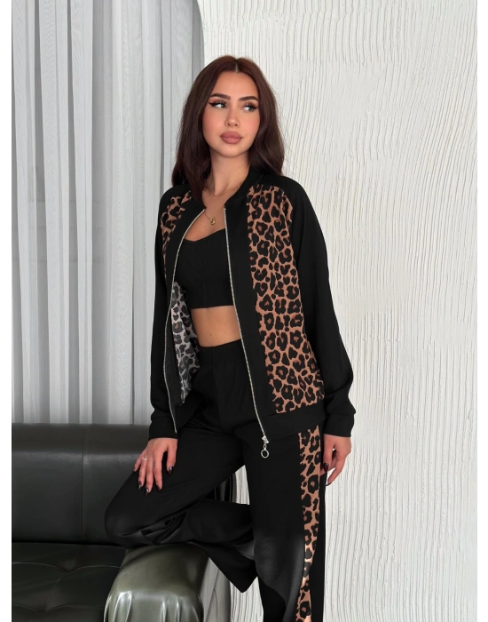 Leopar Desenli Fermuarlı Bayan Takım