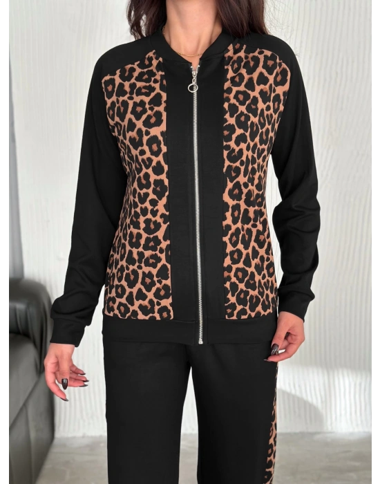Leopar Desenli Fermuarlı Bayan Takım