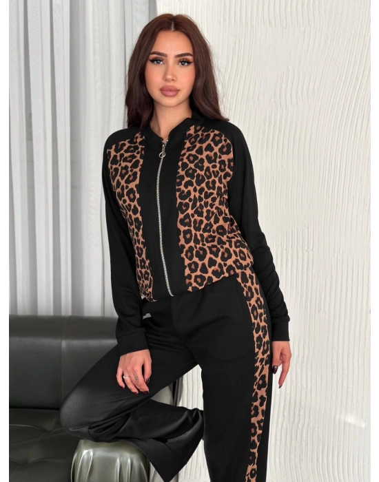 Leopar Desenli Fermuarlı Bayan Takım