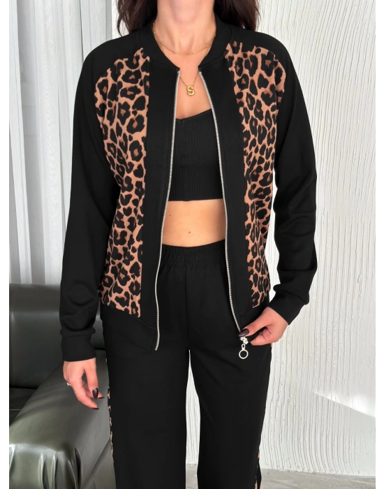 Leopar Desenli Fermuarlı Bayan Takım