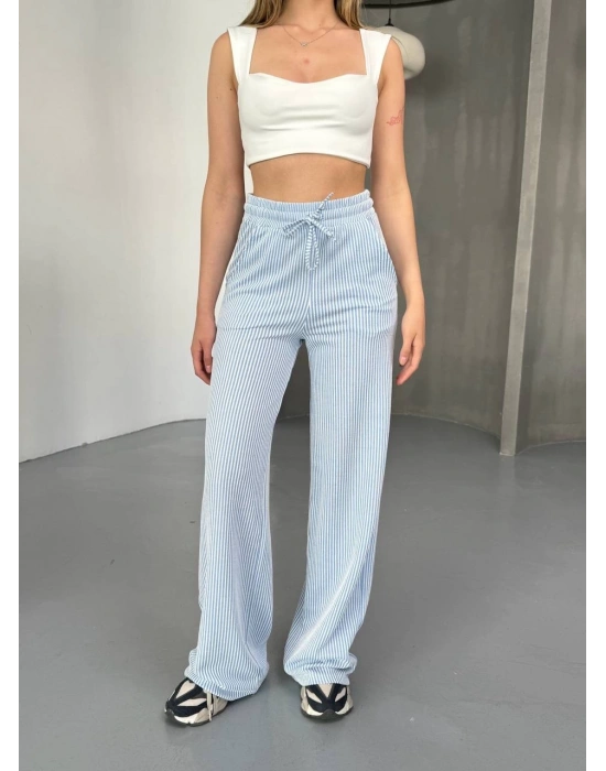 Mavi Su Yolu Çizgili Kumaş Pantolon
