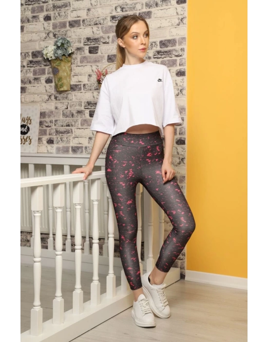 Pembe Çizgili Desen Dijital Baskılı Sporcu Tayt