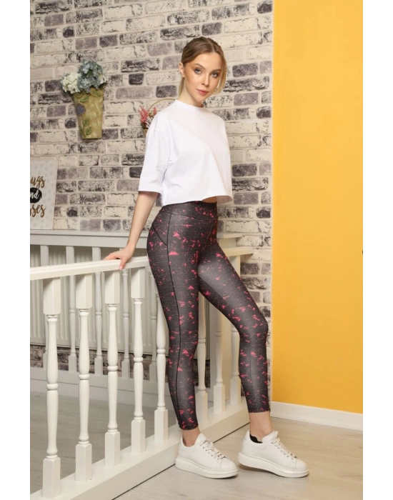 Pembe Çizgili Desen Dijital Baskılı Sporcu Tayt